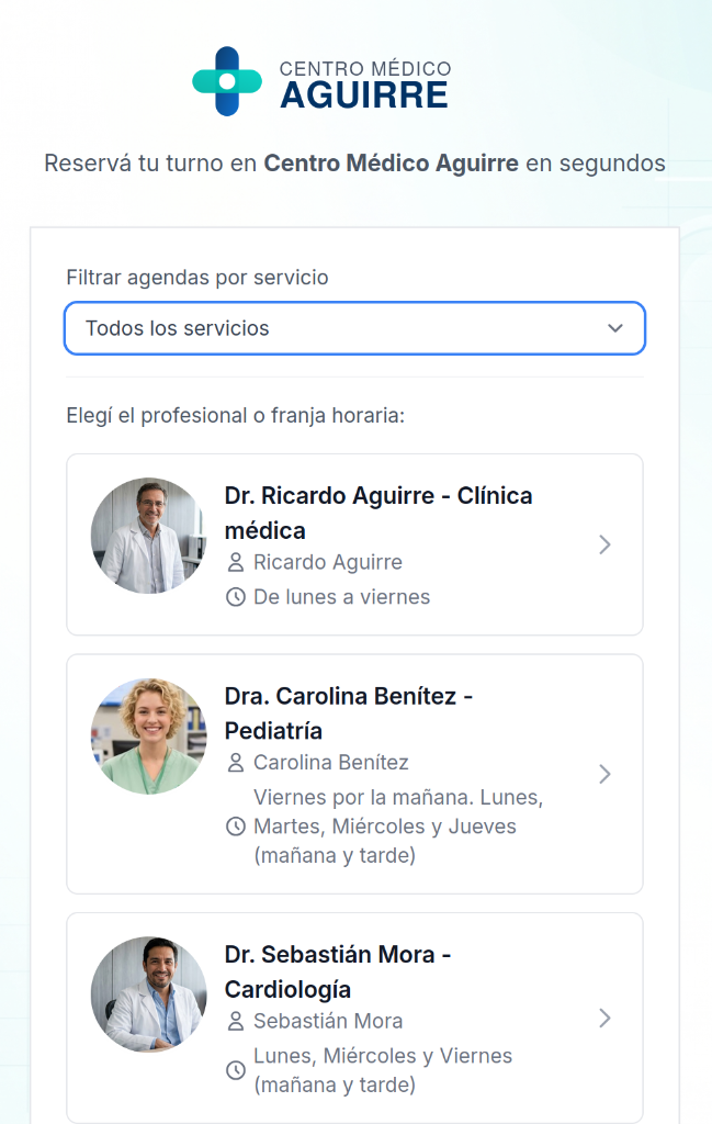 Vista real de la reserva de turnos de un centro médico