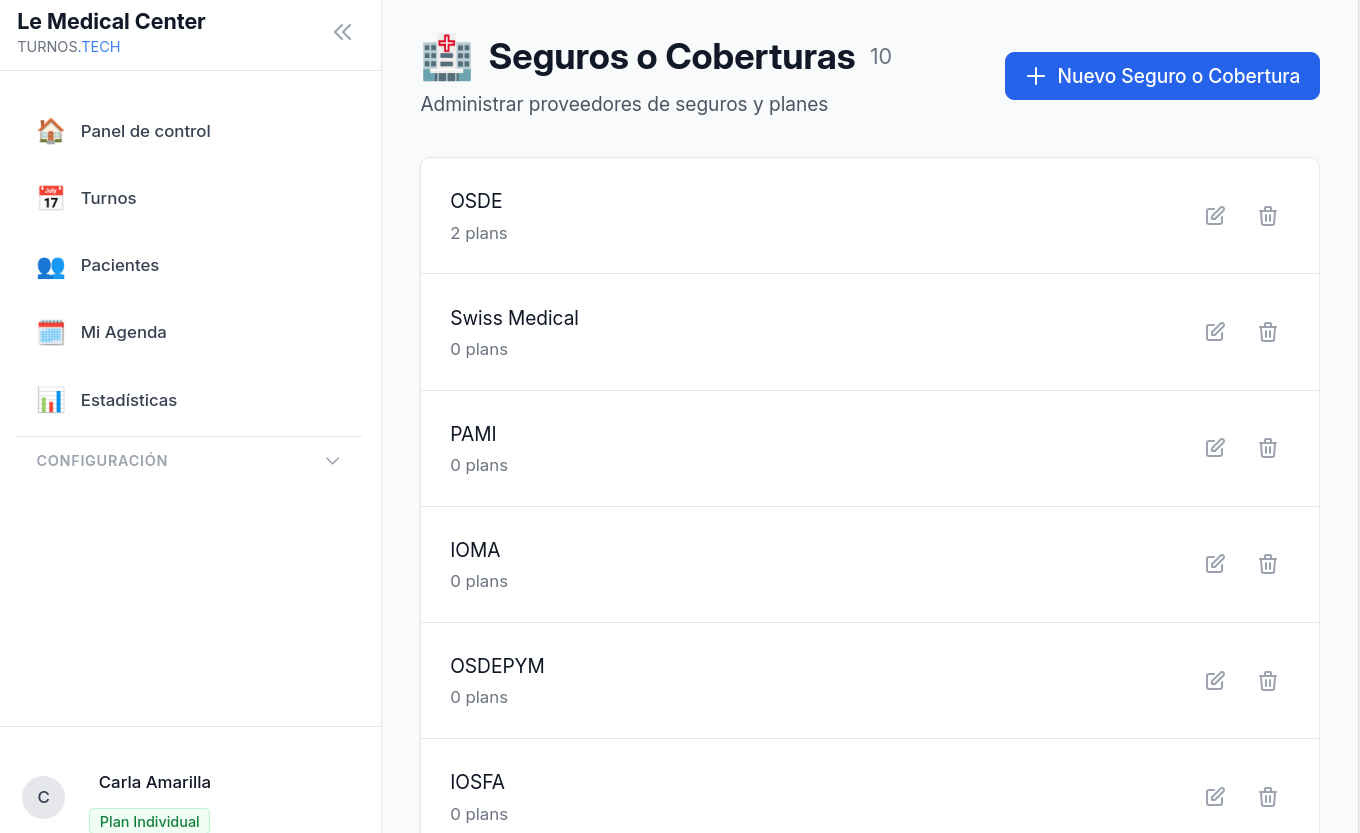 Administración de seguros y coberturas médicas en Turnos.Tech