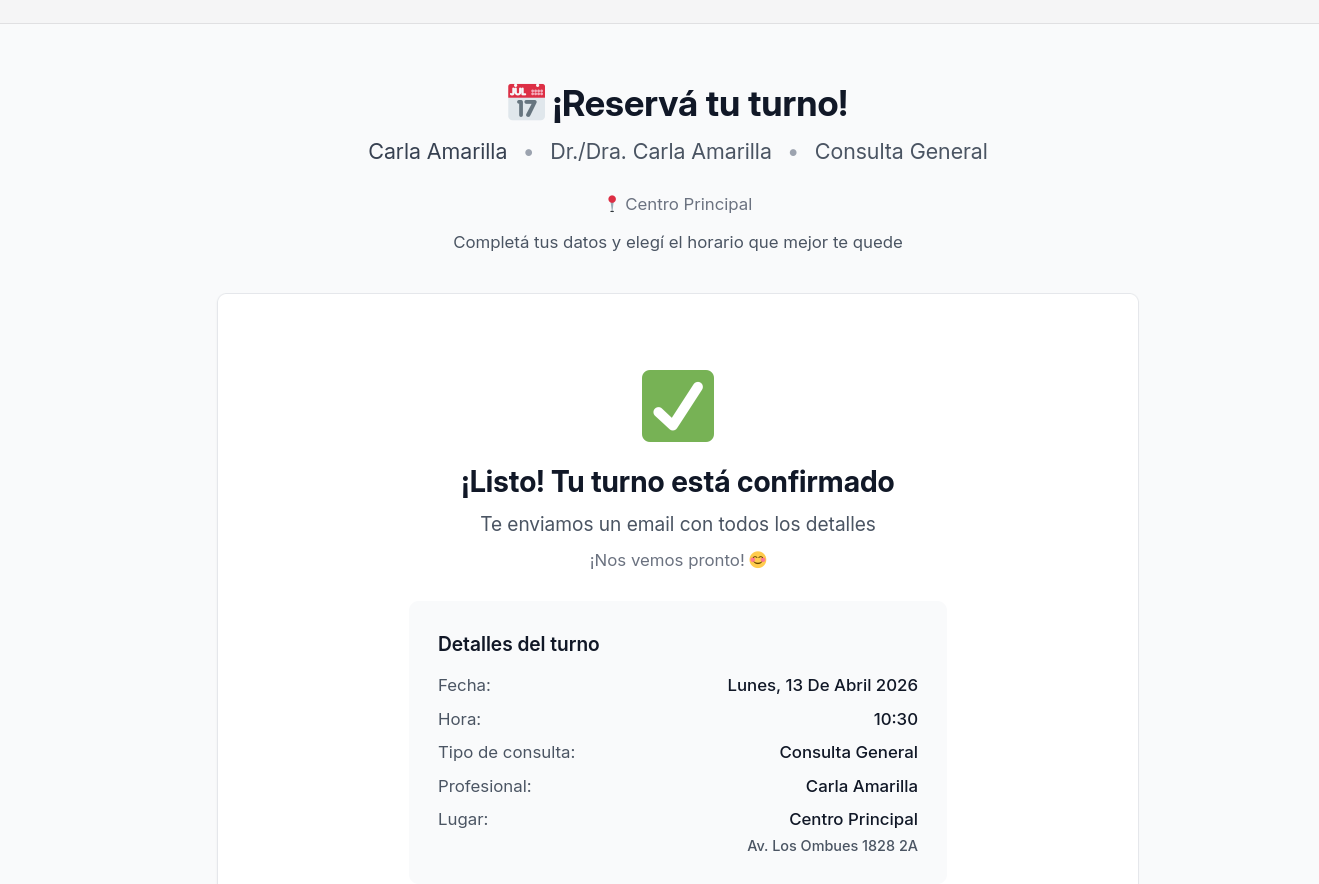 Confirmación de turno de Turnos.Tech con fecha, hora, servicio y profesional