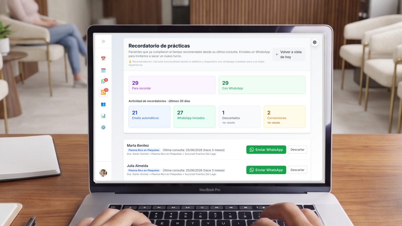 Pantalla de recordatorio de prácticas de Turnos.Tech mostrando pacientes para recordar y estadísticas de actividad