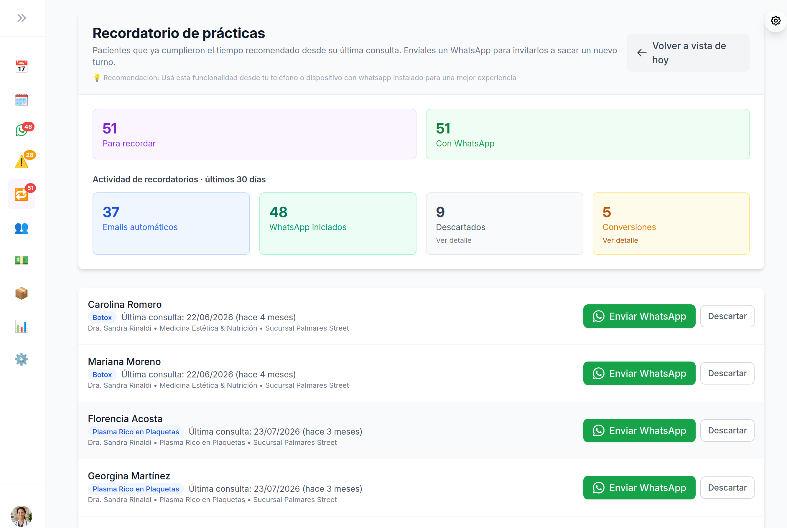 Recordatorio de prácticas con clientes a reactivar y conversiones