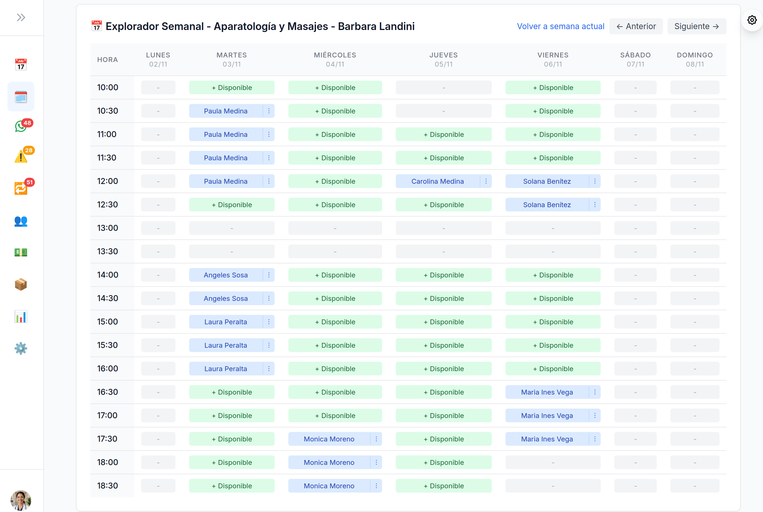 Explorador semanal con disponibilidad por profesional